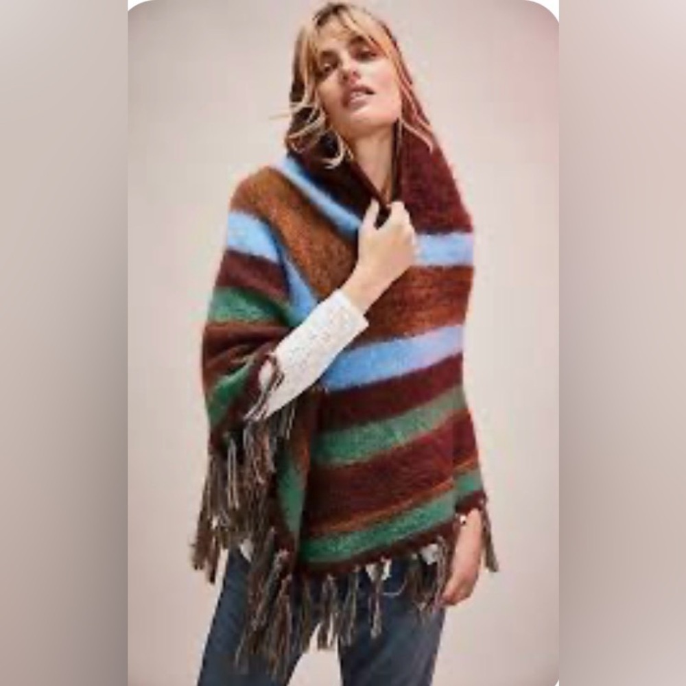 Free People Striped Turtleneck Poncho in Forest Combo. OS